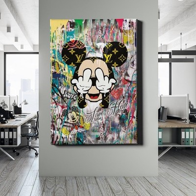  WANDBILD LEINWAND,  ACRYLGLAS LUXUS POP ART MICKEY MOUSE LOVE HATE BILD PREMIUM