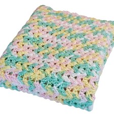 Crochet Baby Blanket 29x38" Pastel Pink Yellow Green Soft Yarn Nursery Throw