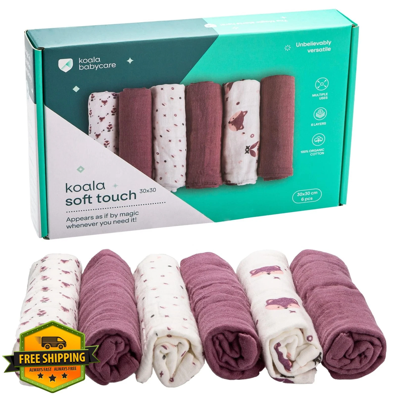Koala Babycare 6pk 12" Muslin Burp Cloths GOTS Cotton Neutral