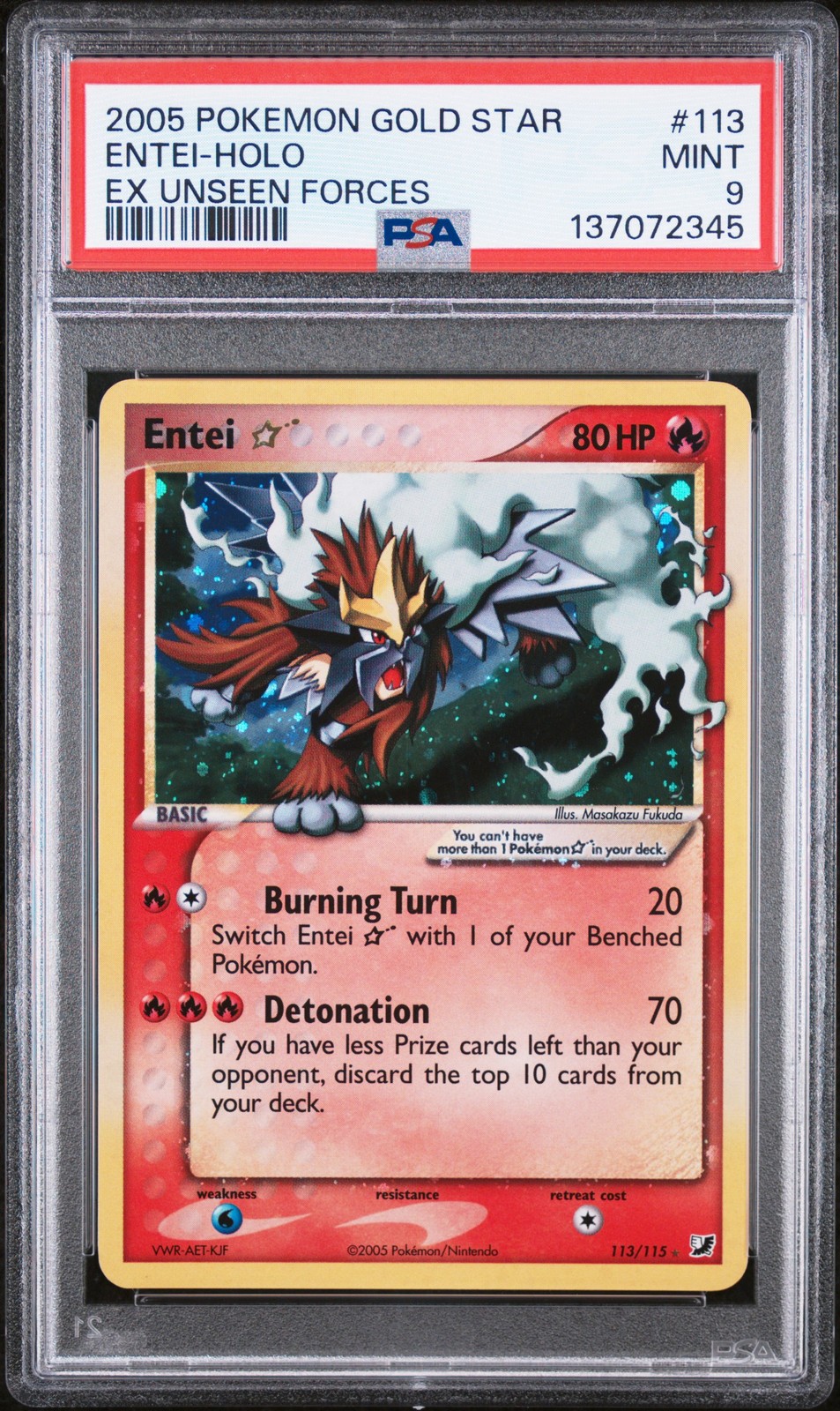 Pokemon Entei Holo Unseen Forces 113/115 Gold Star PSA 9