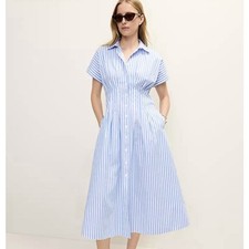 Anthropologie Maxi Shirt Dress Pleated Poplin Blue White Striped Pintuck NWT M