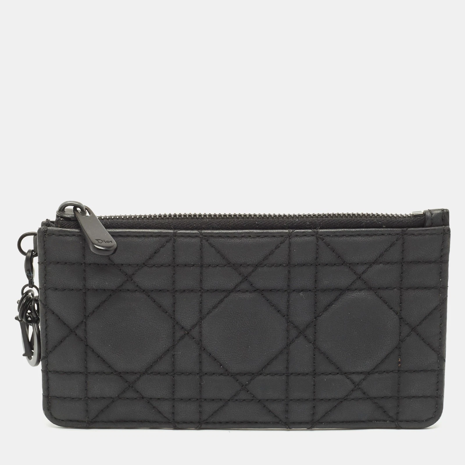 Porte carte zippé femme Dior noir ultra mat cannage cuir