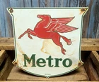 Vintage Mobil Metro Porcelain Metal Shield Sign Oil Gas Pegasus (Texlite Dallas)