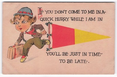 VTG Cartoon Big Eye Boy Running ''Time to Be Late'' Postcard Pre-1914 ODC Pennant