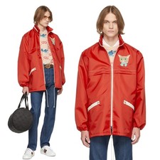 GUCCI JACKET MENS FLAME MIX CAT EMBROIDERED SHELL HIDDEN HOOD 1,700