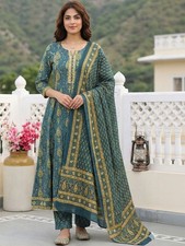 Indian Women Teal Blue Cotton Ethnic Print Anarkali Kurta With Trouser  Dupatta