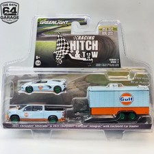 GreenLight GREEN MACHINE 1/64 Gulf Oil Chevy Silverado Corvette Hitch TowCar Set