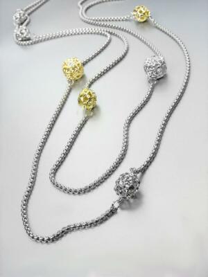 18kt Gold Plated 8pc Filigree Crystals Charms Silver Box Chain Long 54'' Necklace