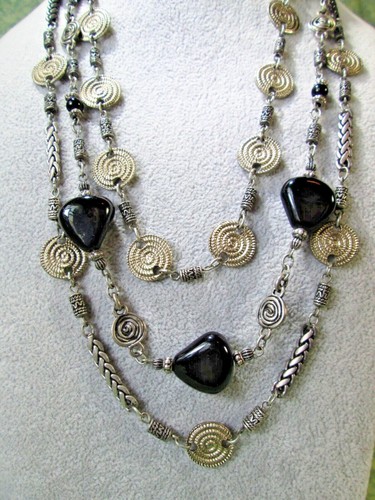 BOHO Statement Necklace Black Stone Pewter Tone Medallion Bead Chunky 20"-22" /N - Picture 2 of 11