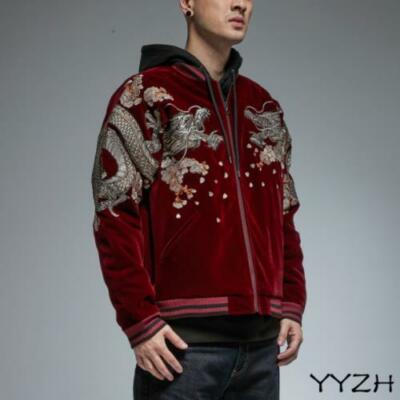 Mens Souvenir bomber Jacket Japanese Pattern Embroidery Sukajan