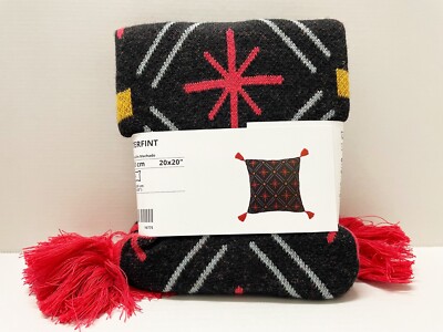Ikea VINTERFINT Pillow cushion cover black/red stars w/ tassels 20x20 '' - NEW