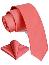 2.4" Slim Necktie and Handkerchief Set For Men Solid Skinny Tie Brooch Set Pink