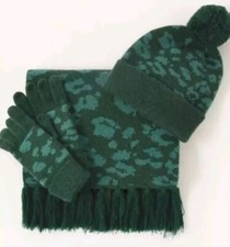 Monsoon Accessorize Arni Animal Print Set Knitted Hat Scarf Gloves Dark Green 