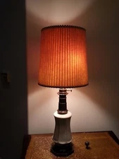 Rare Stiffel Antique Brass & Ivory Porcelain Lamp w/ Double Pull Lights 37 inch