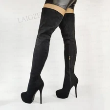 Women Thigh High Boots Platform Round Toe Thin High Heels Over Knee Boots Shoes