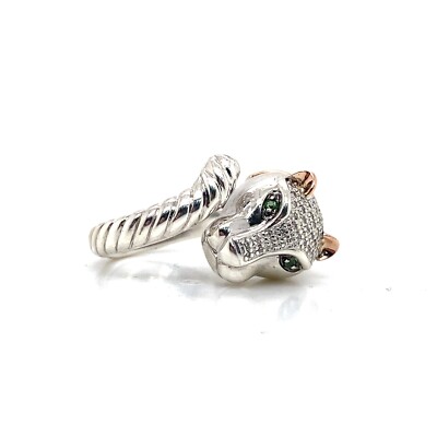 Effy Sterling SIlver 14k Rose Gold Diamond Tsavorite Panther Ring