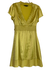 100% Silk Dress Deep V Neck Smocked Empire Tie Waist Flutter Sleeves Sm Coqutte