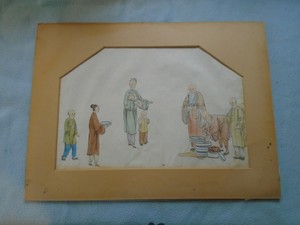 Antique Chinese Painting On Pith Paper Of Family Collecting Food