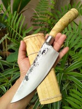 Cuchillo de camping chef de caza hecho a mano 6,7” disco de arado forjado, mango de bambú y cápsula de teca