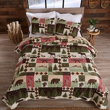 Green Brown Red Bear Duck Lodge 3 pc Quilt Set Twin Full Queen King Bed Coverlet