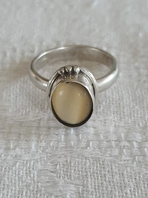 Superbe Bague Ancienne En Argent Massif Et Cabochon À Identifier T54 - Photo 1/4