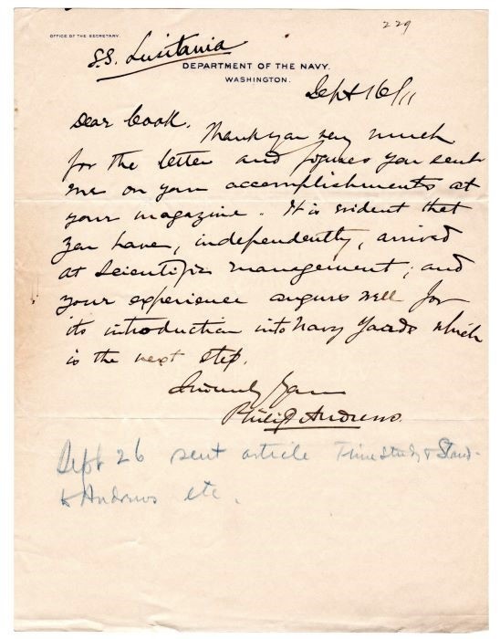 1911 NAVY ADMIRAL PHILIP ANDREWS  SIGNED ABOARD SS LUSITANIA ~GUNNERY, USS IDAHO