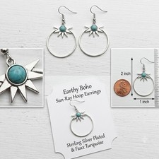 Boho Turquoise Hoop Earrings Silver Sunburst Dangle Drop Western Southwestern