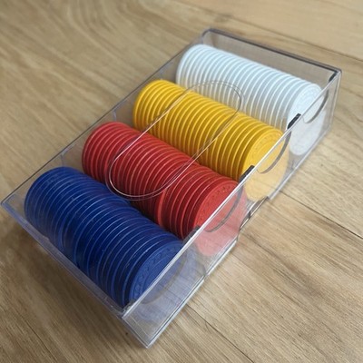 Poker Chips Yellow Red Blue White 25 Per Stacks 100 Chips Clear Plastic Case￼
