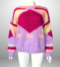Vintage 80s Mohair Sweater Fuzzy Chunky Knit Abstract Purple M/L