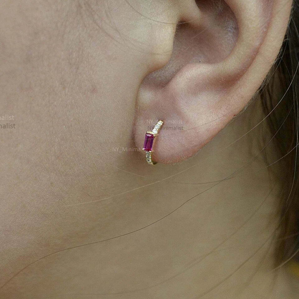 Natural Ruby and Pave Diamond Solid 14K Yellow Gold Plated Hoop Earrings a797 - Image 2 of 4