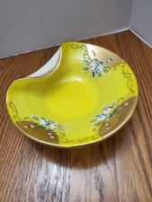 Vintage Bohemian Yellow Cased Art Glass Bowl w/ Enameled Florals & Gold Gilding
