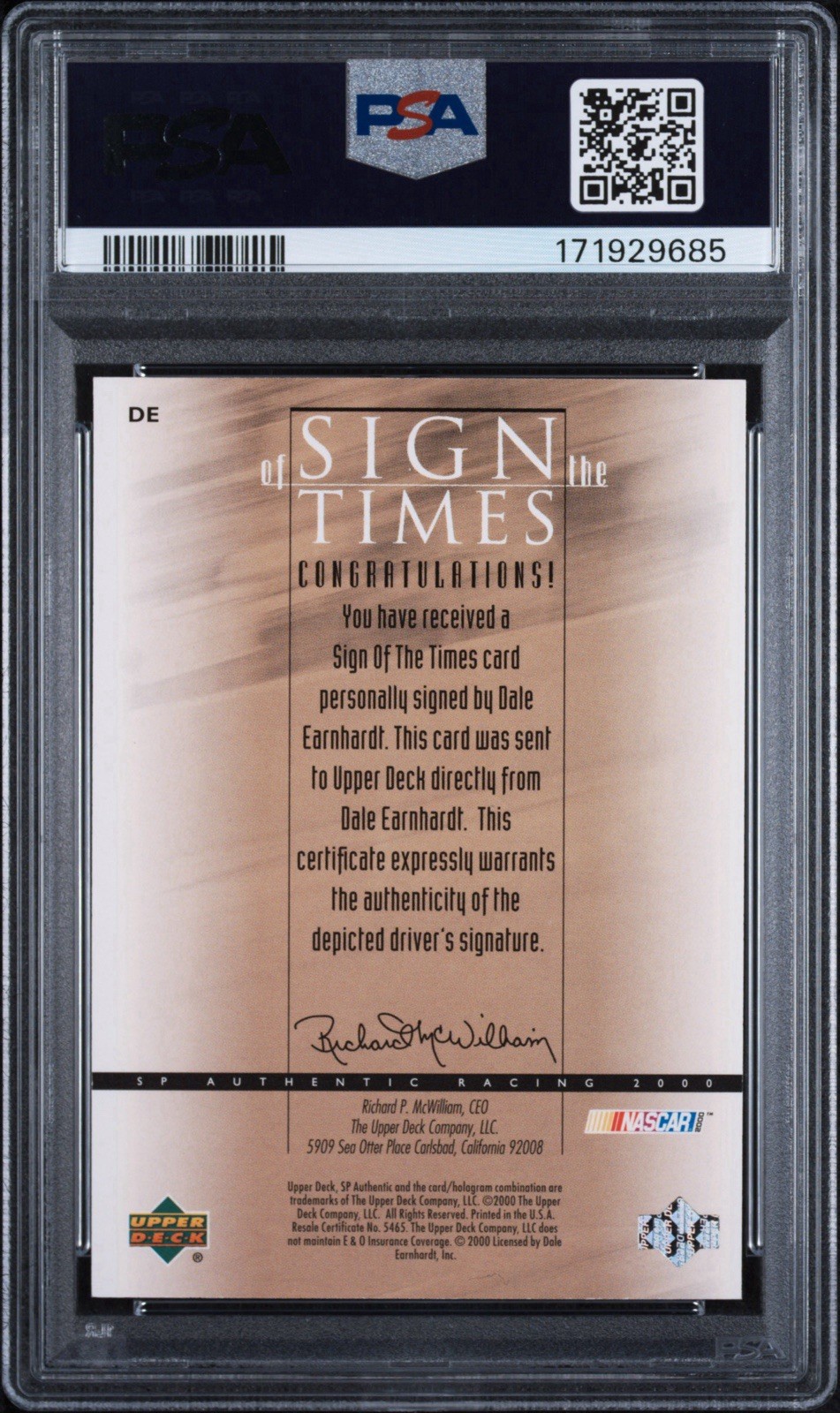 2000 UD SP Authentic Dale Earnhardt Sr Sign Of The Times Auto PSA 10 Pop 6 Rare view 2