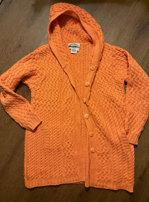Aran Crafts Merino Wool Orange Cable Knit Hooded Button Cardigan Sweater M