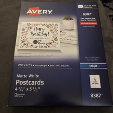 Avery 8387 Inkjet Postcards 4 1/4"x5 1/2" 200 Matte White Cards