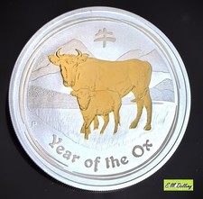 1oz  Silber Lunar II 2009 "Year of The Ox" 24 Karat  vergoldet