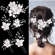 5 PCS Flower Wedding Hair Pins Crystal Pearl Hair Clips Headpiece Jewelry with R