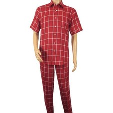 Men INSERCH premium Soft Cool Linen 2pc Walking Leisure suit 7098 Red Plaid