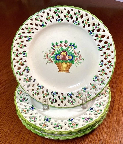 VTG Hand Painted Italian Pottery Salad Plates Set Of 4 Flower Basket Reticulated