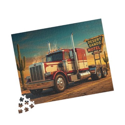 Classic Peterbilt Semi Truck Desert Motel Scene Puzzle | Road Trip Jigsaw