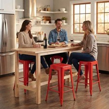 Red Gloss Bistro Set Of 4 30" Assembled Galvanised Metal Bar Stools Drain Holes