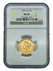 1891-CC $5 Gold Half Eagle, NGC MS60, Carson City Gold, Original Luster Coin.