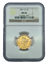 1891-CC $5 Gold Half Eagle, NGC MS60, Carson City Gold, Original Luster Coin.