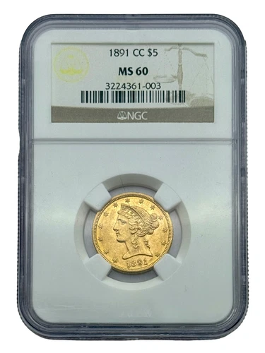 1891-CC $5 Gold Half Eagle, NGC MS60, Carson City Gold, Original Luster Coin.