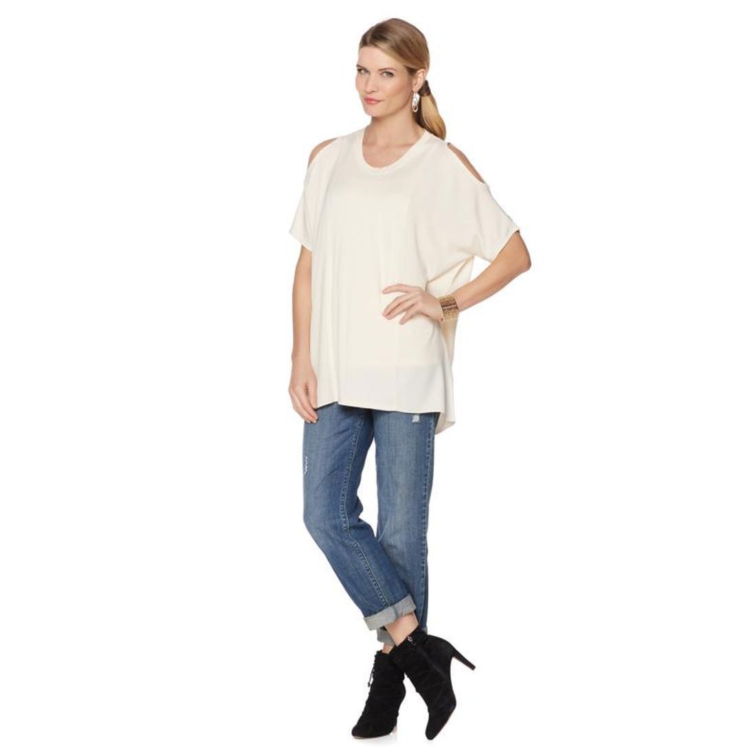 NENE by NeNe Leakes Crew Neck Half Sleeves Cold Shoulders Top