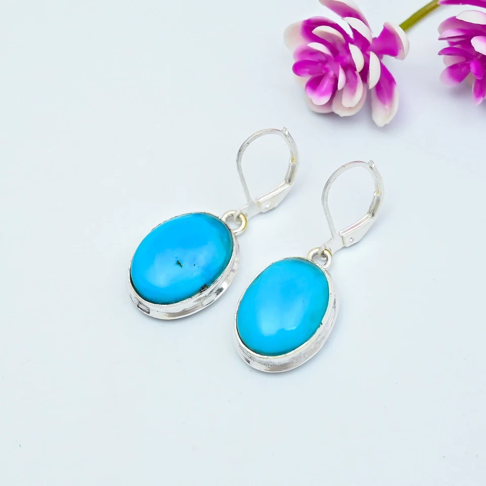 Natural Blue Turquoise Gemstone Handmade 925 Sterling Silver Jewelry Earrings - Image 4 of 4