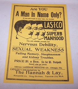 Paper Sign LAS-I-CO Manhood Sexual Weakness Hannah & Lay TRAVERSE CITY MICHIGAN