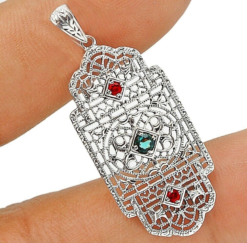 Natural Apatite & Treated Ruby 925 Sterling Silver Victorian Style Pendant UM122