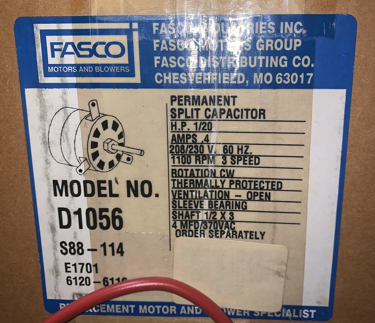 Fasco Motor D1056 1/20HP CW Rotation 60hz 1/2” Shaft 1100rpm