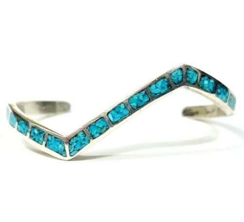 Sterling Silver Turquoise Chip Curvy Open Cuff Br… - image 1