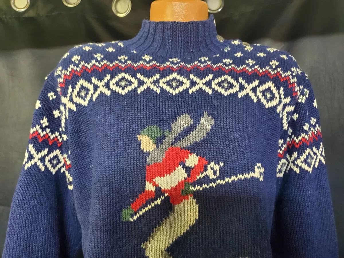 RALPH LAUREN Exclusive Hand Knit Skier Sweater 5 Snow Flake Buttons Womens Large